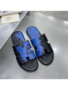Hermes Men's Izmir Print Leather Flat Slide Sandals Black/Blue 2021 25