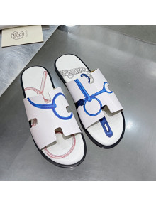 Hermes Men's Izmir Print Leather Flat Slide Sandals White/Blue 2021 26