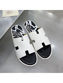 Hermes Men's Izmir Print Leather Flat Slide Sandals White/Black 2021 29