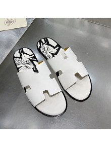 Hermes Men's Izmir Print Leather Flat Slide Sandals White/Black 2021 31