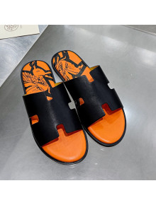Hermes Men's Izmir Print Leather Flat Slide Sandals Black/Orange 2021 33