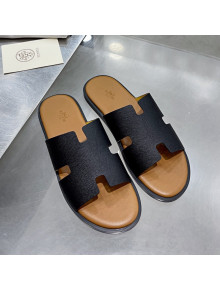 Hermes Men's Izmir Palm-Grained Leather Flat Slide Sandals Black/Brown 2021 35