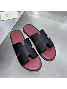 Hermes Men's Izmir Mesh-Textured Leather Flat Slide Sandals Black/Burgundy 2021 36
