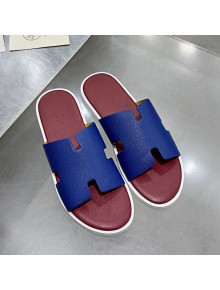 Hermes Men's Izmir Palm-Grained Leather Flat Slide Sandals Royal Blue/Burgundy 2021 40