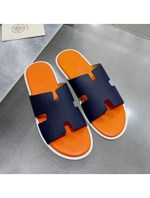 Hermes Men's Izmir Palm-Grained Leather Flat Slide Sandals Dark Blue/Orange 2021 41