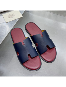 Hermes Men's Izmir Palm-Grained Leather Flat Slide Sandals Dark Blue/Burgundy 2021 43