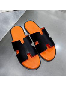 Hermes Men's Izmir Smooth Leather Flat Slide Sandals Black/Orange 2021 47