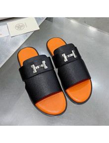 Hermes Men's Arles Grained Leather Flat Slide Sandals Black/Orange 2021 51