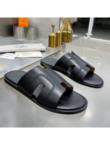 Hermes Men's Izmir Stitching Leather Flat Slide Sandals All Black 2021 54