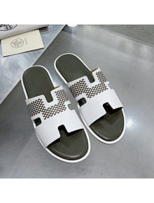 Hermes Men's Izmir Print Leather Flat Slide Sandals White/Green 2021 21