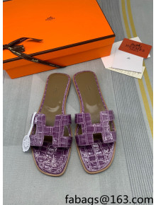 Hermes Oran Stone Embossed Leather Flat Slide Sandals Purple 2022 04