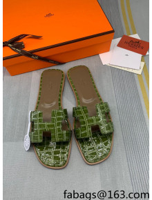 Hermes Oran Stone Embossed Leather Flat Slide Sandals Army Green 2022 09