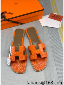 Hermes Oran Crocodile Embossed Leather Flat Slide Sandals Orange 2022 07