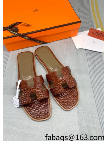 Hermes Oran Crocodile Embossed Leather Flat Slide Sandals Brown 2022 10