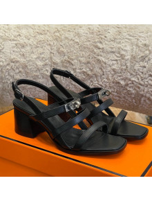 Hermes Eve Calfskin Medium Heel Sandal 6cm with Kelly Buckle Black Leather/Silver 2022