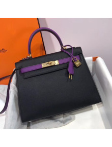 Hermes Kelly 28cm Epsom Leather Bag Black/Purple(Gold Hardware)