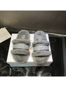 Dior Dway Flat Slide Sandals in Grey Embroidered Cotton and Shearling 2021 08