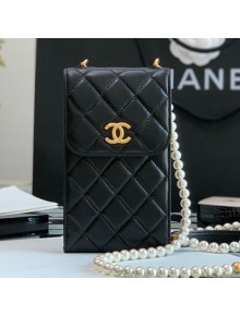 Chanel Calfskin Phone Holder Clutch Bag with Pearl Chain Black 2021