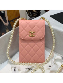 Chanel Calfskin Phone Holder Clutch Bag with Pearl Chain Orange Pink 2021