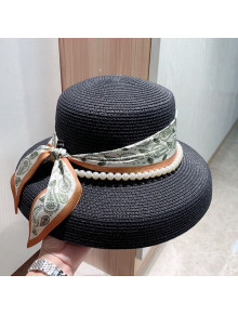 Gucci Straw Bucket Hat with Pearl and Silk Band Black 2021