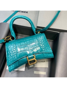 Balenciaga Hourglass Mini Top Handle Bag in Shiny Crocodile Leather Blue Macaron 2020