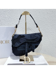 Dior Medium Saddle Bag in Camouflage Embroidered Canvas Bag Blue 2019