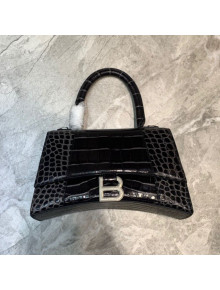 Balenciaga Hourglass Small Top Handle Bag in Crocodile Embossed Black/Grey 2020