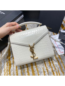 Saint Laurent CASSANDRA Mini Top Handle Bag in Crocodile Embossed Shiny Leather 602716 White 2020