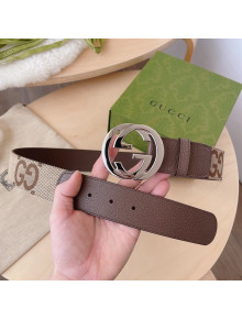 Gucci Maxi GG Canvas and Leather Belt 4cm with Interlocking G Buckle Beige/Brown/Shiny Silver 2021