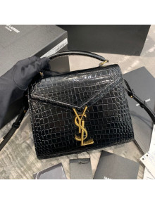 Saint Laurent CASSANDRA Mini Top Handle Bag in Crocodile Embossed Shiny Leather 602716 Black 2020