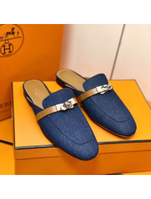 Hermes Oz Mule in Denim Canvas and Calfskin with Iconic Kelly Buckle Blue 07 2022(Handmade)