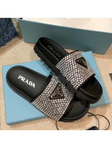 Prada Crystal Flat Slide Sandals Black 2021