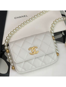 Chanel Calfskin Mini Wallet on Chain WOC with Pearl Chain White 2021