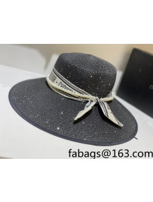 Dior Staw Wide Brim Hat with Pearl and Silk Band Black 2021
