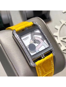 Hermes Cape Cod Crocodile Embossed Leather Crystal Square Watch Yellow 2019