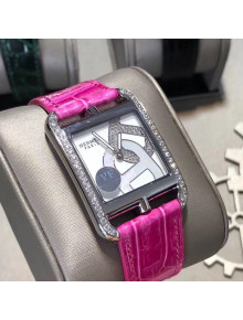 Hermes Cape Cod Crocodile Embossed Leather Crystal Square Watch Pink 2019