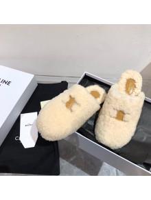 Celine Triomphe Shearling Flat Slide Sandals Beige 2021