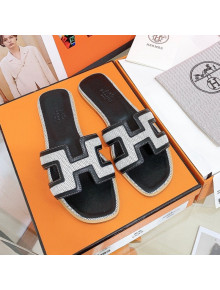 Hermes Oran Perforated Flat Slide Sandals White/Black 2021 10
