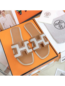Hermes Oran Perforated Flat Slide Sandals White/Brown 2021 11