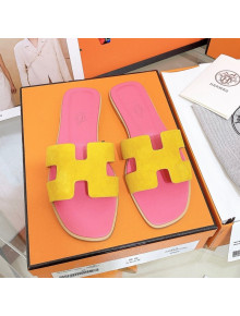 Hermes Oran Suede Flat Slide Sandals Yellow/Pink 2021 14