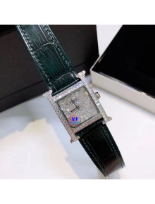 Hermes H-Our Crocodile Embossed Leather Crystal Watch 26x26mm Green 2020