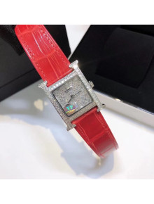 Hermes H-Our Crocodile Embossed Leather Crystal Watch 26x26mm Red 2020