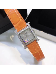 Hermes H-Our Crocodile Embossed Leather Crystal Watch 26x26mm Orange 2020
