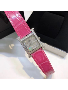 Hermes H-Our Crocodile Embossed Leather Crystal Watch 26x26mm Pink 2020