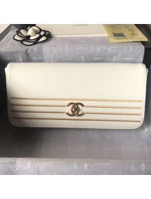 Chanel Grained Calfskin Stripes Long Flap Clutch White 2019
