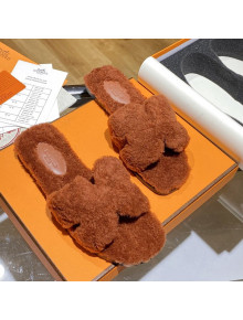 Hermes Oran Shearling Wool Flat Slide Sandals Brown 2021