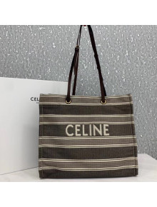 Celine Squared Cabas Tote Bag in Striped Jacquard and Calfskin Grey/Brown 2020