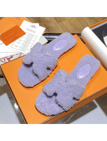 Hermes Oran Shearling Wool Flat Slide Sandals Light Purple 2021