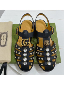 Gucci Crystal Stud Flat Sandals Black 2021