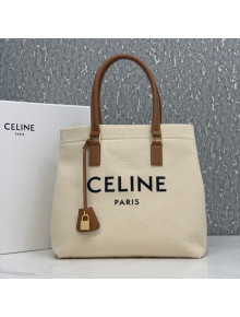 Celine Horizontal Cabas Medium Tote in White Canvas with Celine Print and Calfskin 2020
